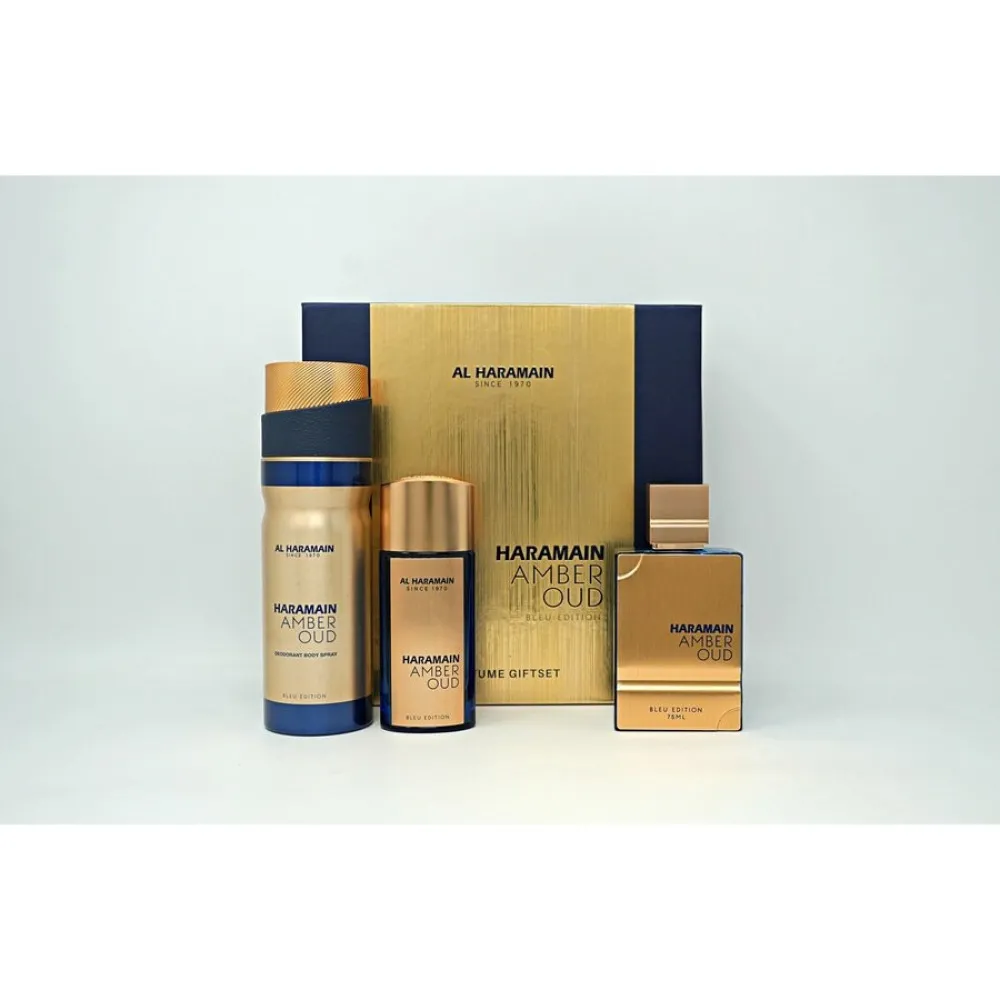Amber Oud Bleu Edition gavesæt unisex Eau de Parfum 75 ml + Eau de Parfum 30 ml + deodorantspray 200 ml