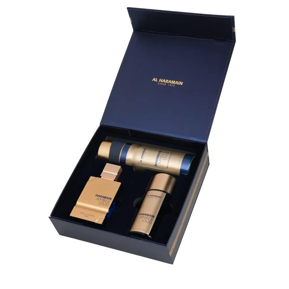 Amber Oud Bleu Edition gavesæt unisex Eau de Parfum 75 ml + Eau de Parfum 30 ml + deodorantspray 200 ml