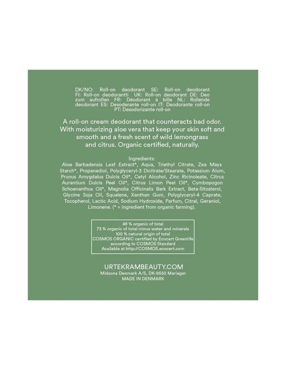 Urtekram Deodorant roll on creme lemongrass 50 ml BIO