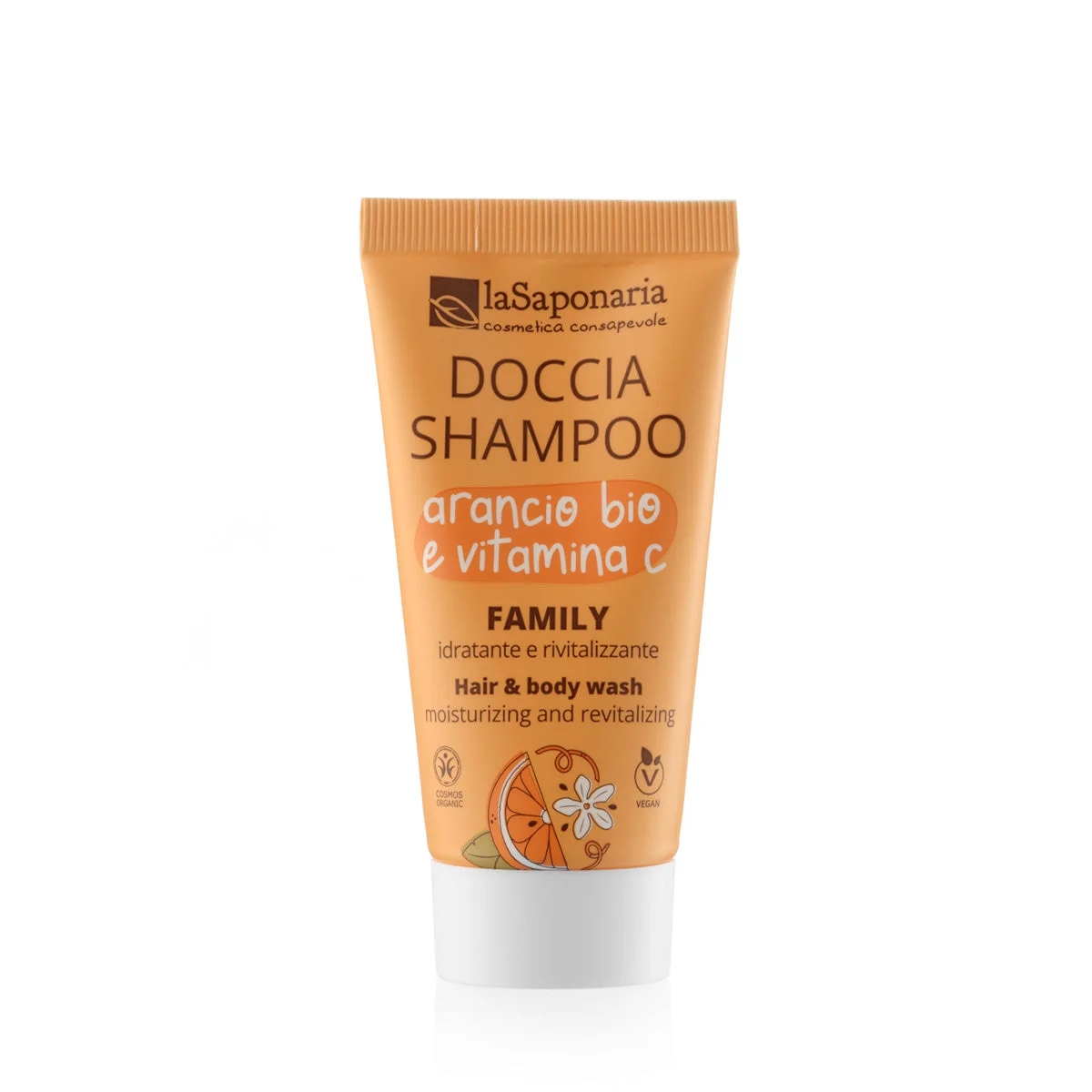 laSaponaria Brusegel og shampoo 2-i-1 med økologisk appelsin og C-vitamin til hele familien 30 ml - med en sød og opkvikkende duft