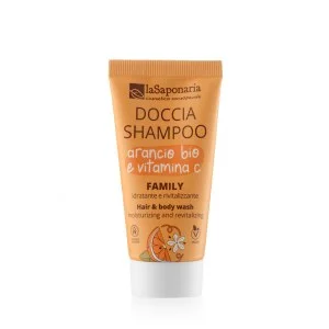 laSaponaria Brusegel og shampoo 2-i-1 med økologisk appelsin og C-vitamin til hele familien 30 ml - med en sød og opkvikkende duft