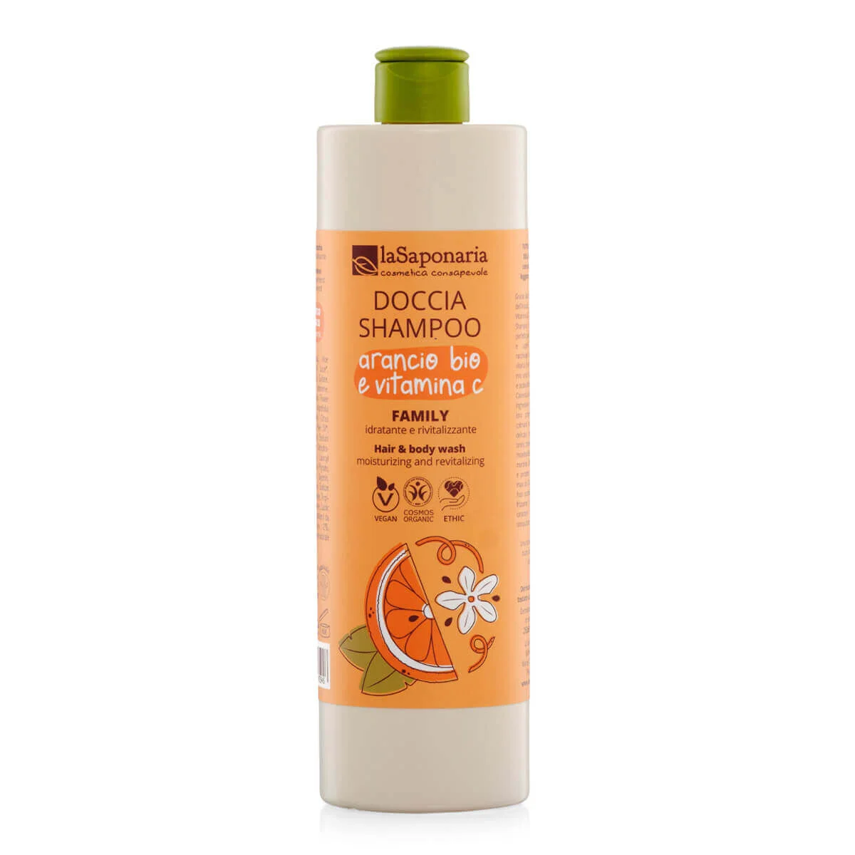 laSaponaria Brusegel og shampoo 2-i-1 med økologisk appelsin og vitamin C til hele familien 500 ml - med en sød og opkvikkende duft