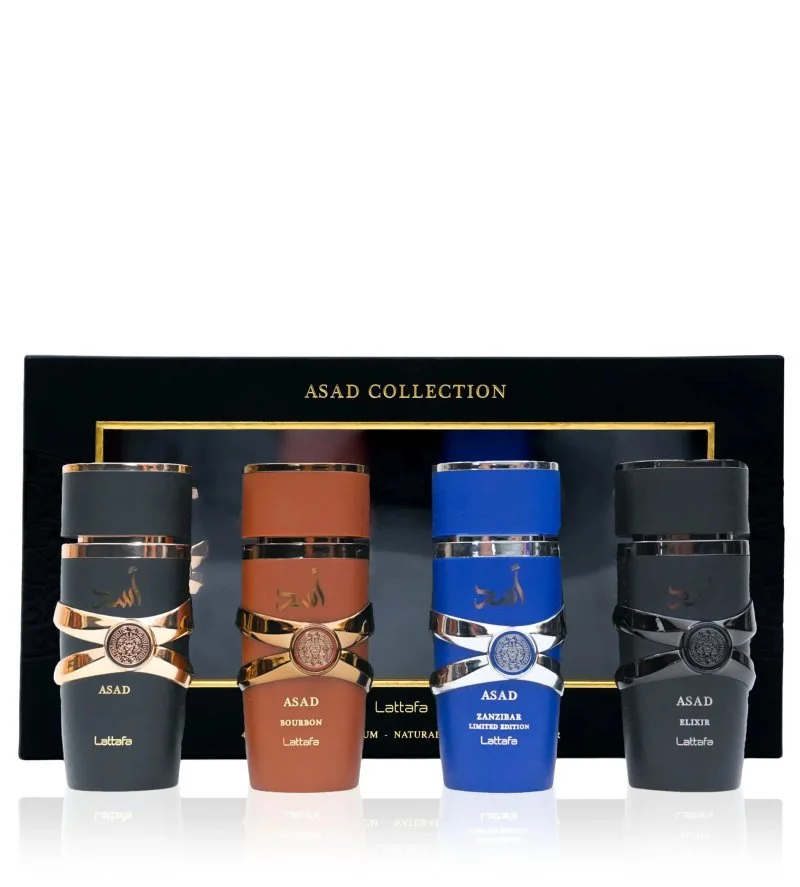 Asad Collection gavesæt Asad 25 ml + Eau de Parfum Asad Bourbon 25 ml + Eau de Parfum Asad Zanzibar 25 ml + Eau de Parfum Asad Elixir Eau de Parfum til mænd