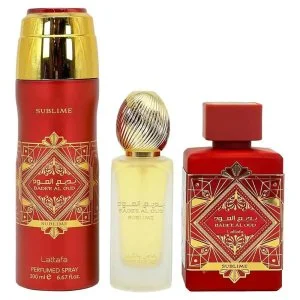 Lattafa Badee Al Oud Sublime gavesæt - 100 ml + parfumeret spray 200 ml + hårmist eau de parfum
