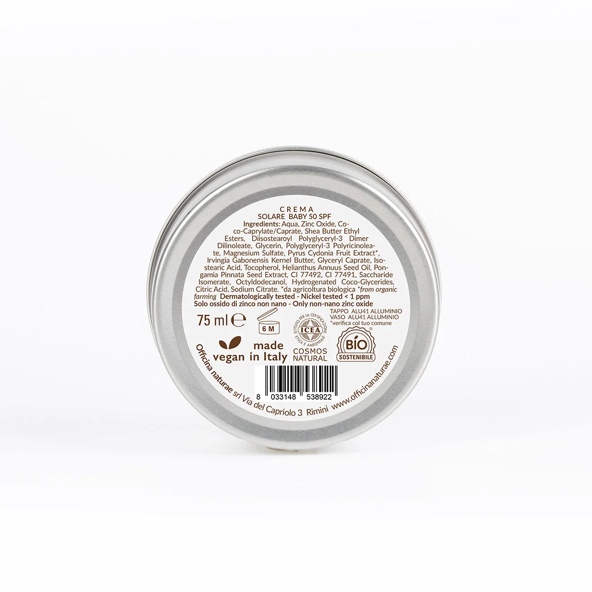 Officina Naturae Solcreme SPF 50 til børn og sart hud i metaldåse (75 ml) - uden parfume