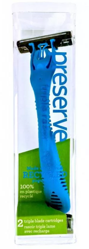Preserve Triple shaver (inkl. 2 hoveder) - blå - med 3 blade, fremstillet af genbrugsplast