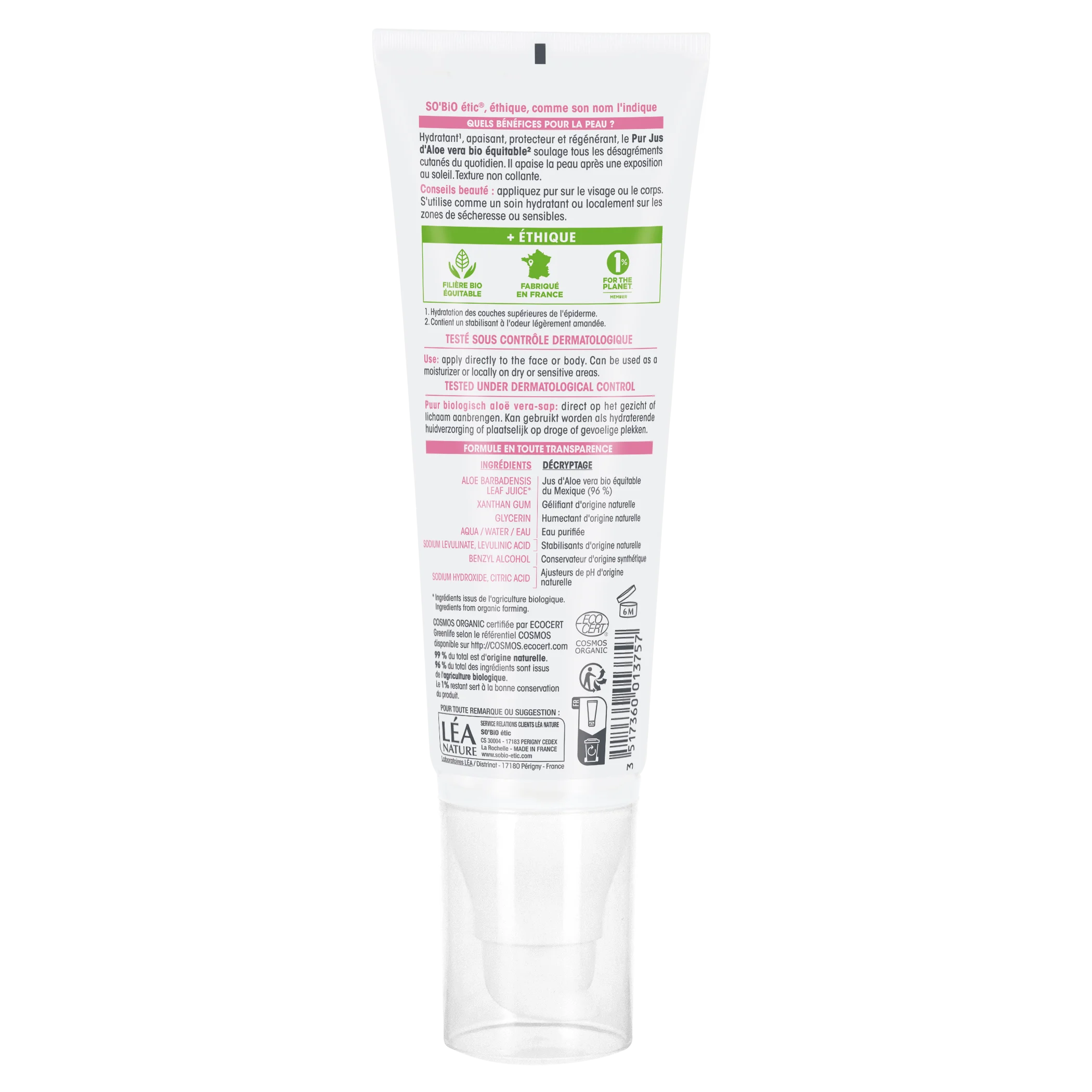 SO’BiO étic Aloe vera-gel - hypoallergenisk, økologisk (125 ml) - intensiv fugtgivning og beroligelse af huden