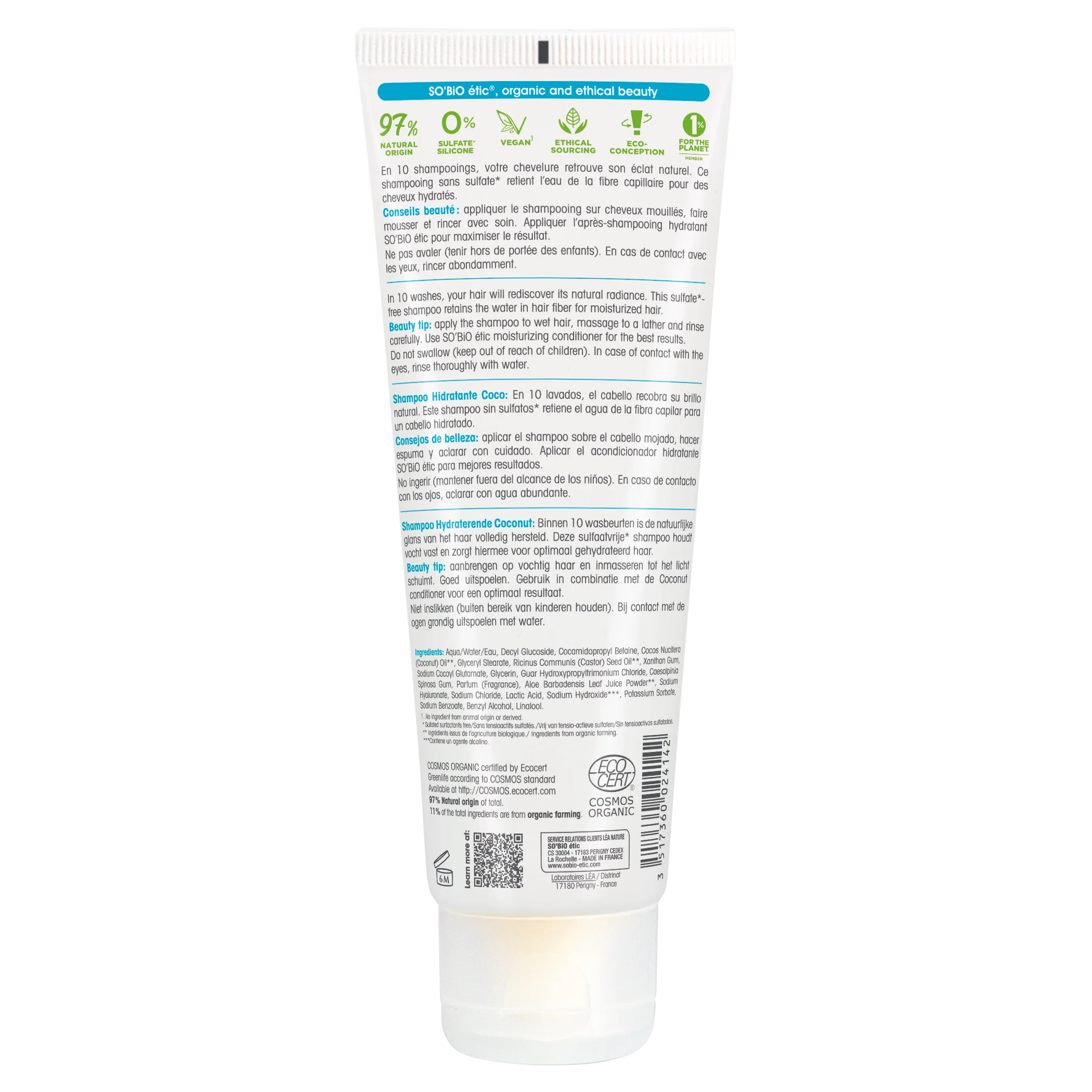 SO’BiO étic Fugtgivende shampoo med kokos og hyaluronsyre - økologisk (250 ml) - til alle hårtyper