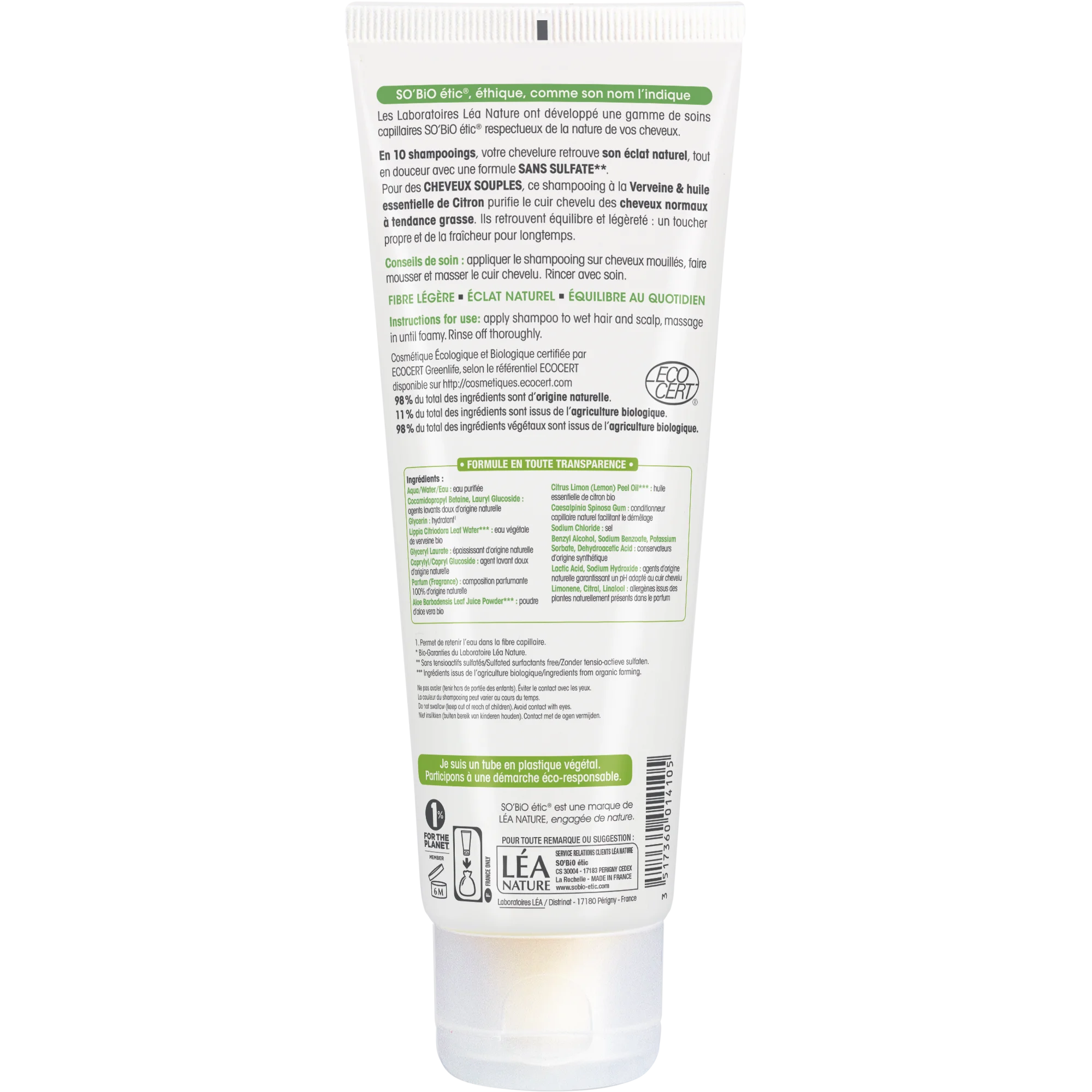SO’BiO étic Skånsom økologisk shampoo med verbena og citron (250 ml) - ideel til fedtet hår