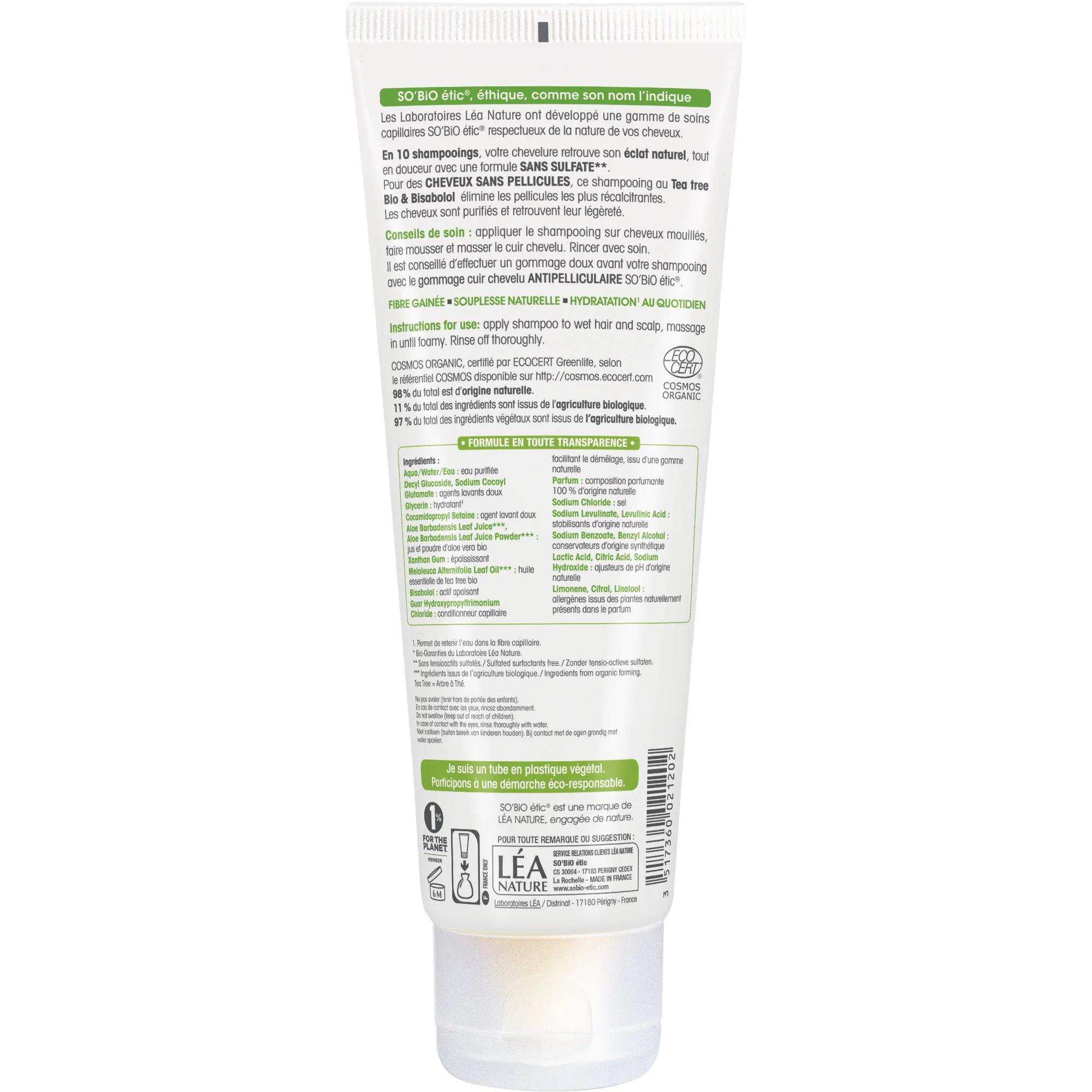 SO’BiO étic Shampoo mod skæl med tea tree og bisabolol ØKO (250 ml) - med saft fra aloe vera