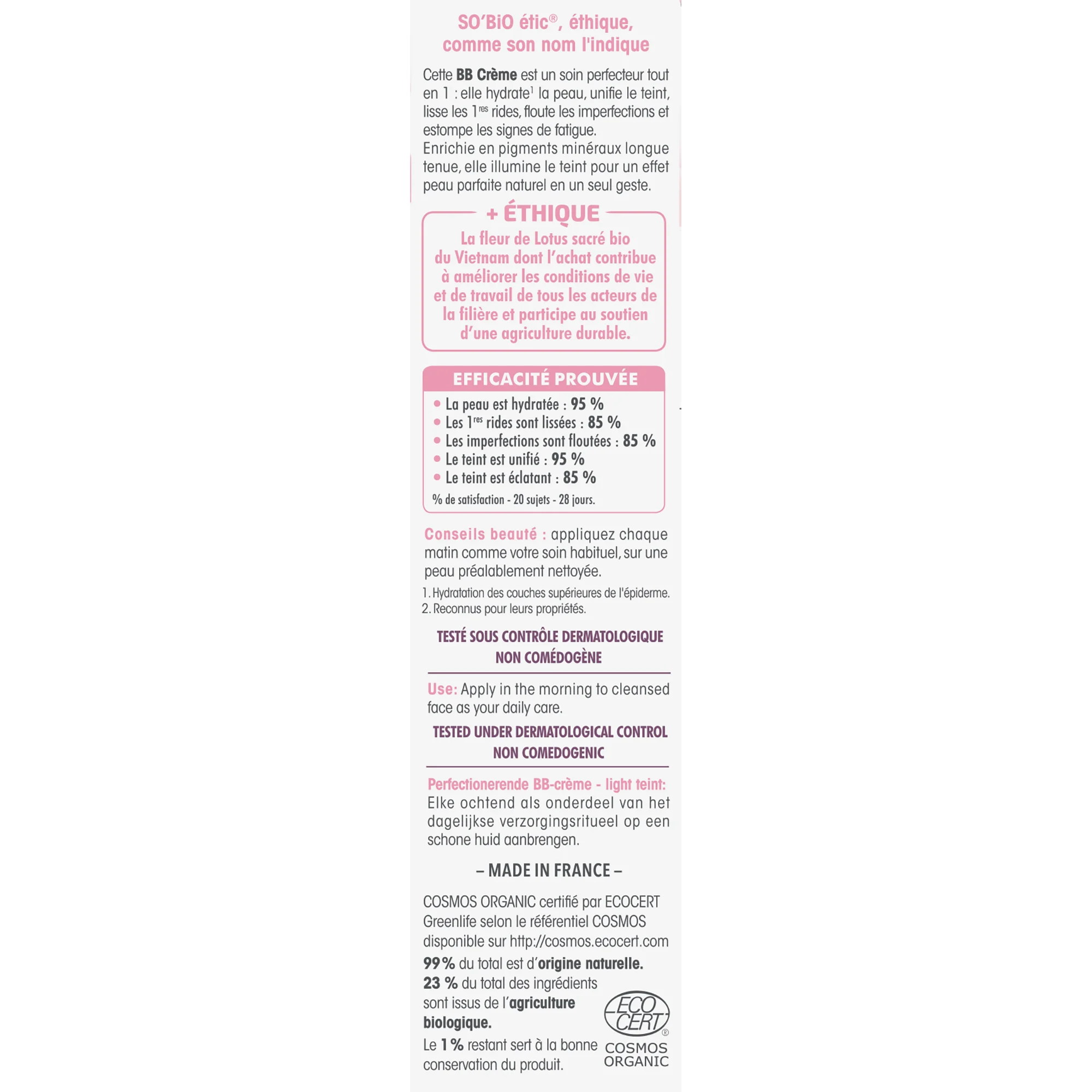 SO’BiO étic BB-creme til perfekt hud - nuance Light BIO (40 ml) - med ekstrakt af lotusblomst