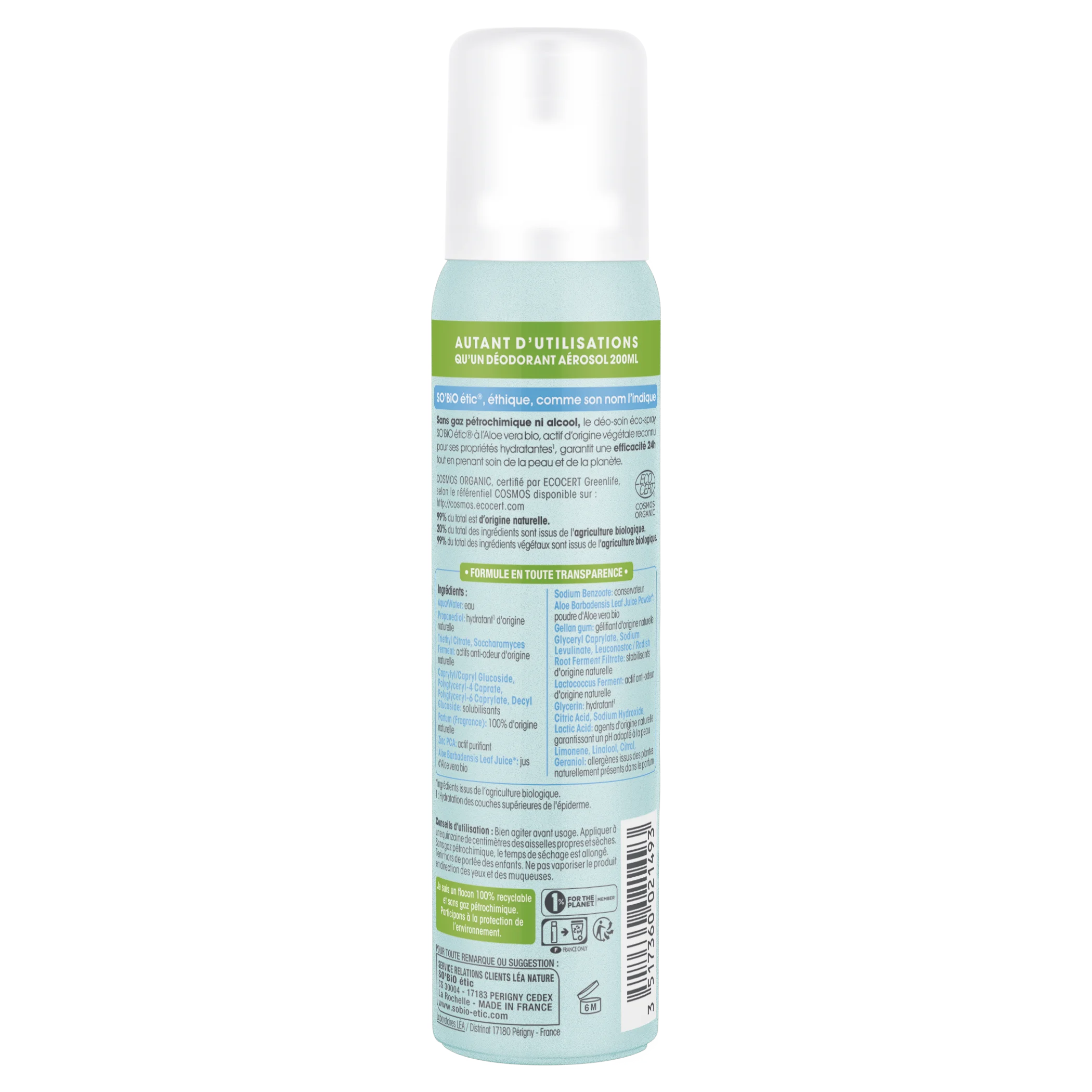 SO’BiO étic Naturlig deodorant ECO SPRAY 24h - Aloe vera BIO (100 ml) - virker i op til 24 timer