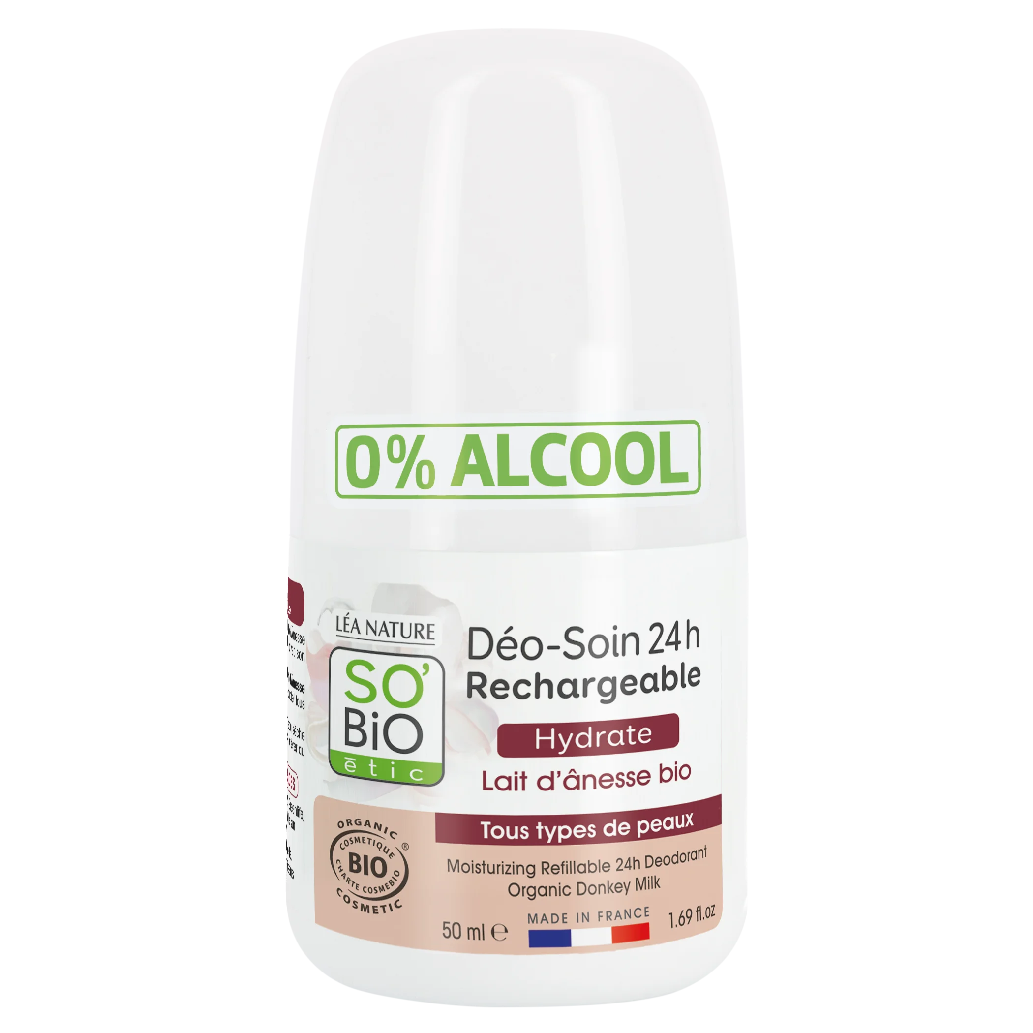 SO’BiO étic Deodorant roll-on 24h fugtgivende med æselmælk - genopfyldelig, økologisk (50 ml) - også til sensitiv hud