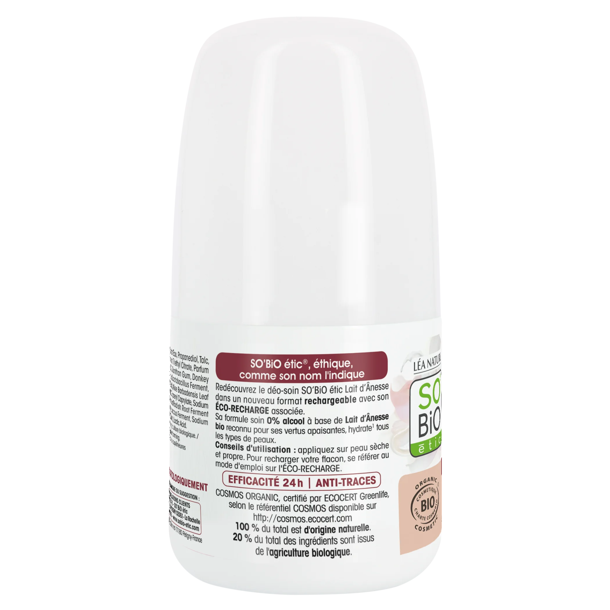 SO’BiO étic Deodorant roll-on 24h fugtgivende med æselmælk - genopfyldelig, økologisk (50 ml) - også til sensitiv hud