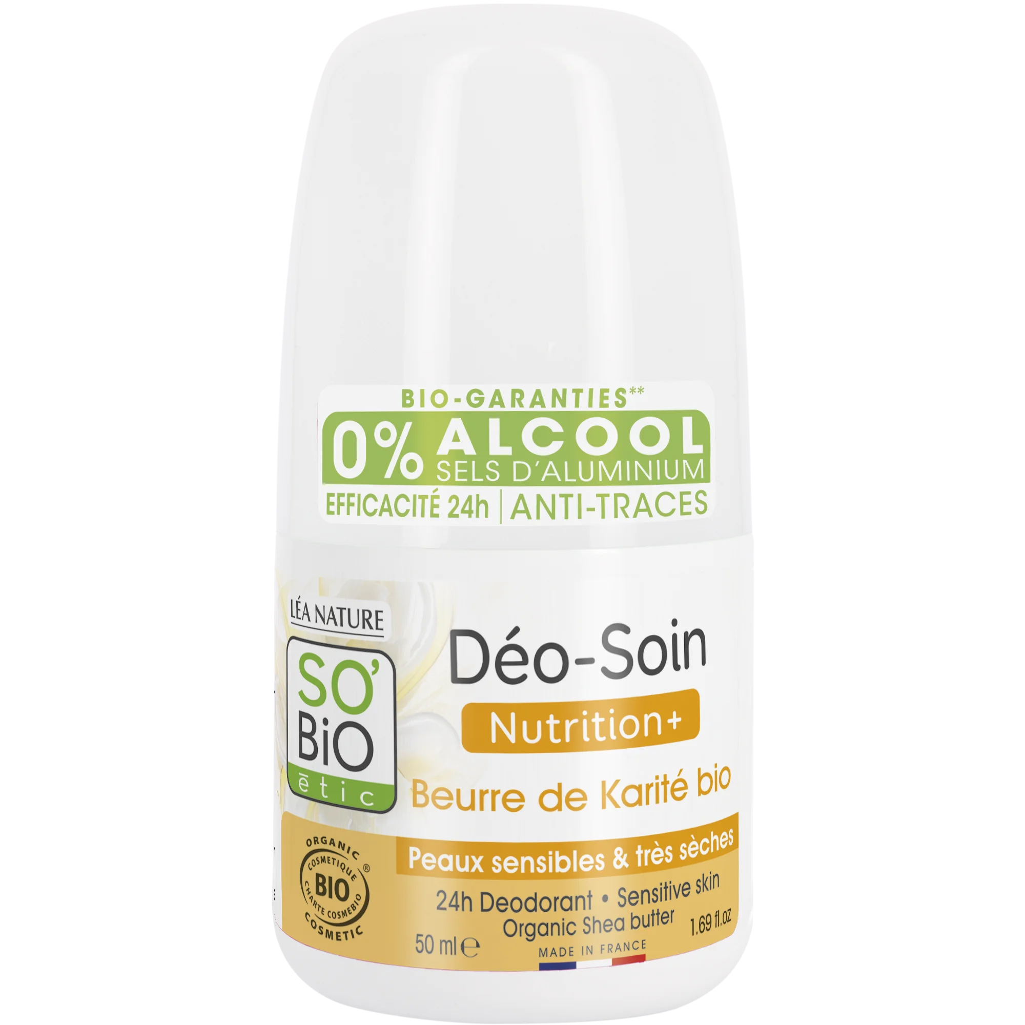 SO’BiO étic Roll-on deodorant 24h Nutrition+ med økologisk sheasmør (50 ml) - virker i op til 24 timer