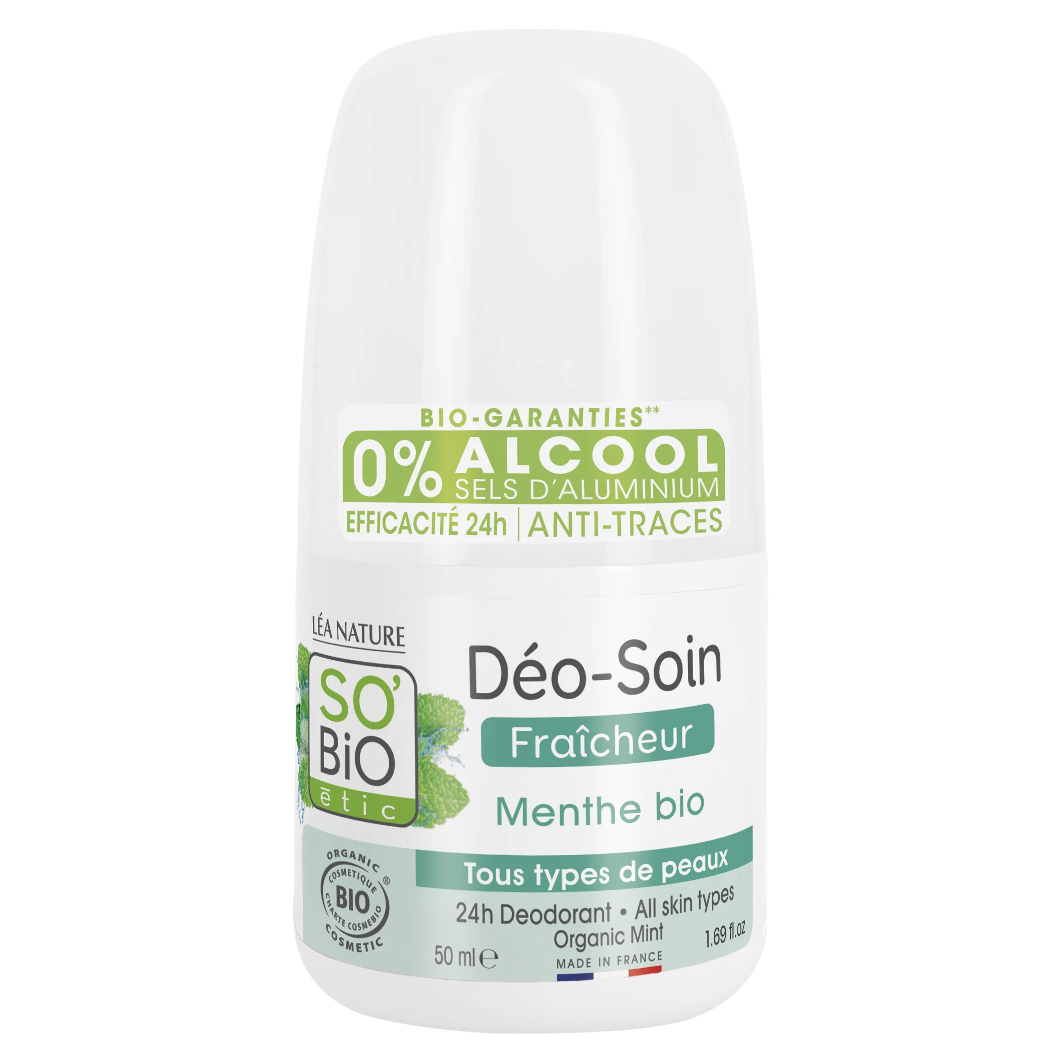 SO’BiO étic Roll-on deodorant 24h forfriskende med økologisk mynte (50 ml) - virker i op til 24 timer