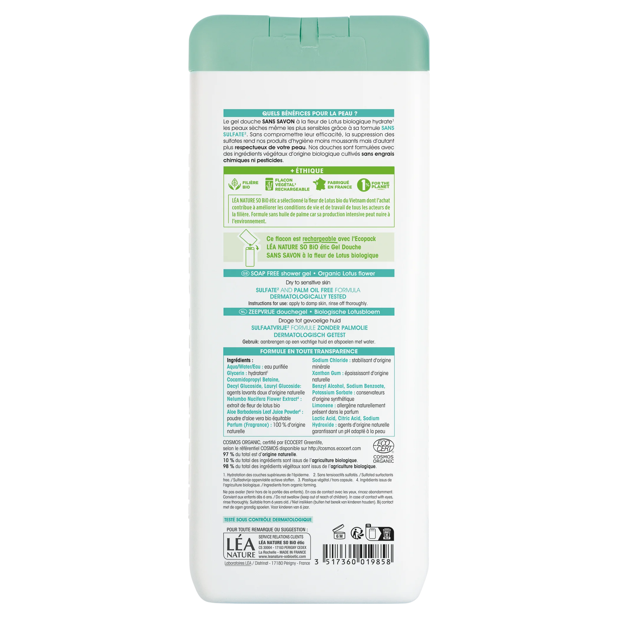 SO’BiO étic SÆBEFRI brusegel med økologisk lotusblomst (650 ml) - ideel til tør og sensitiv hud