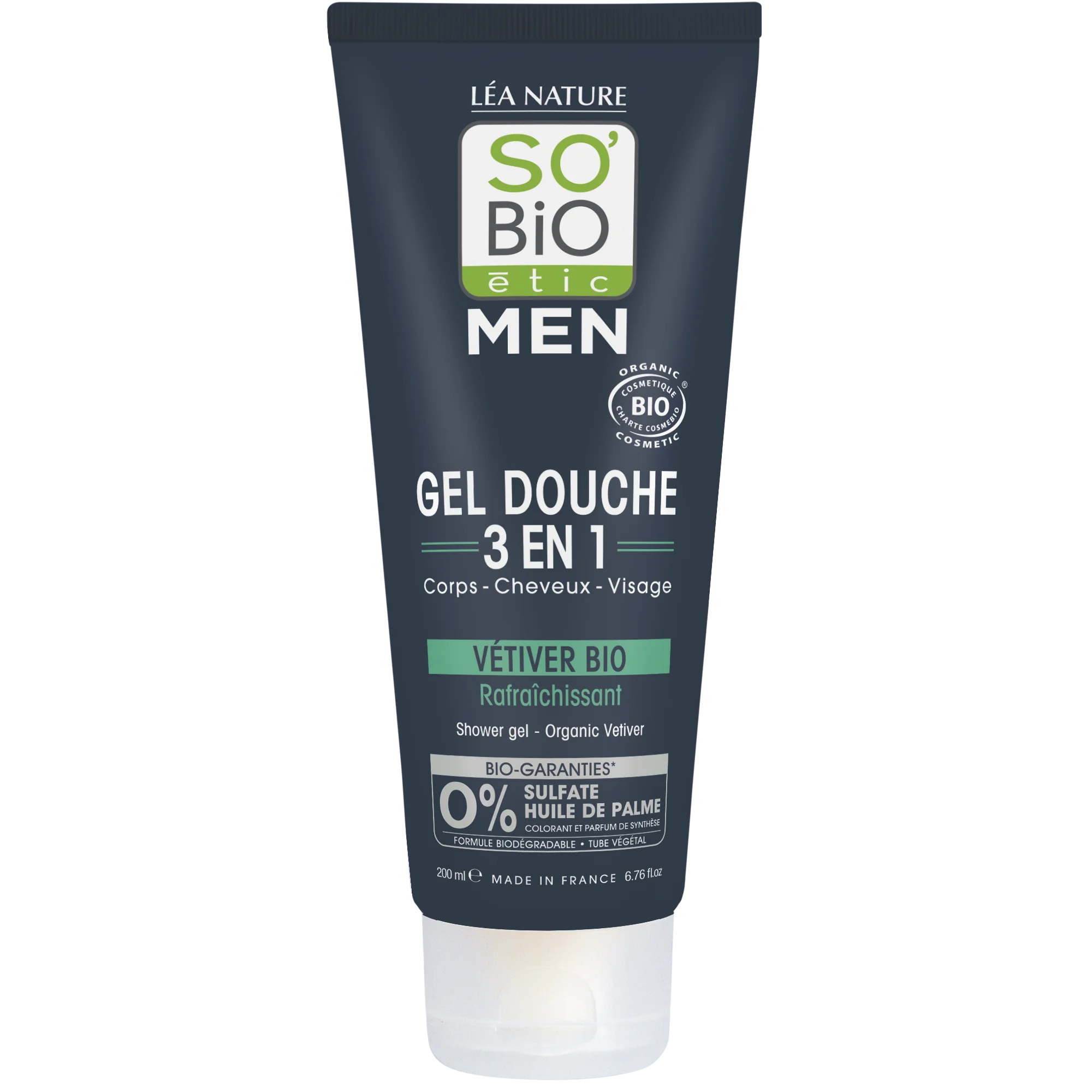 SO’BiO étic MEN 3i1 showergel – forfriskende BIO vetiver (200 ml) – til krop, ansigt og hår