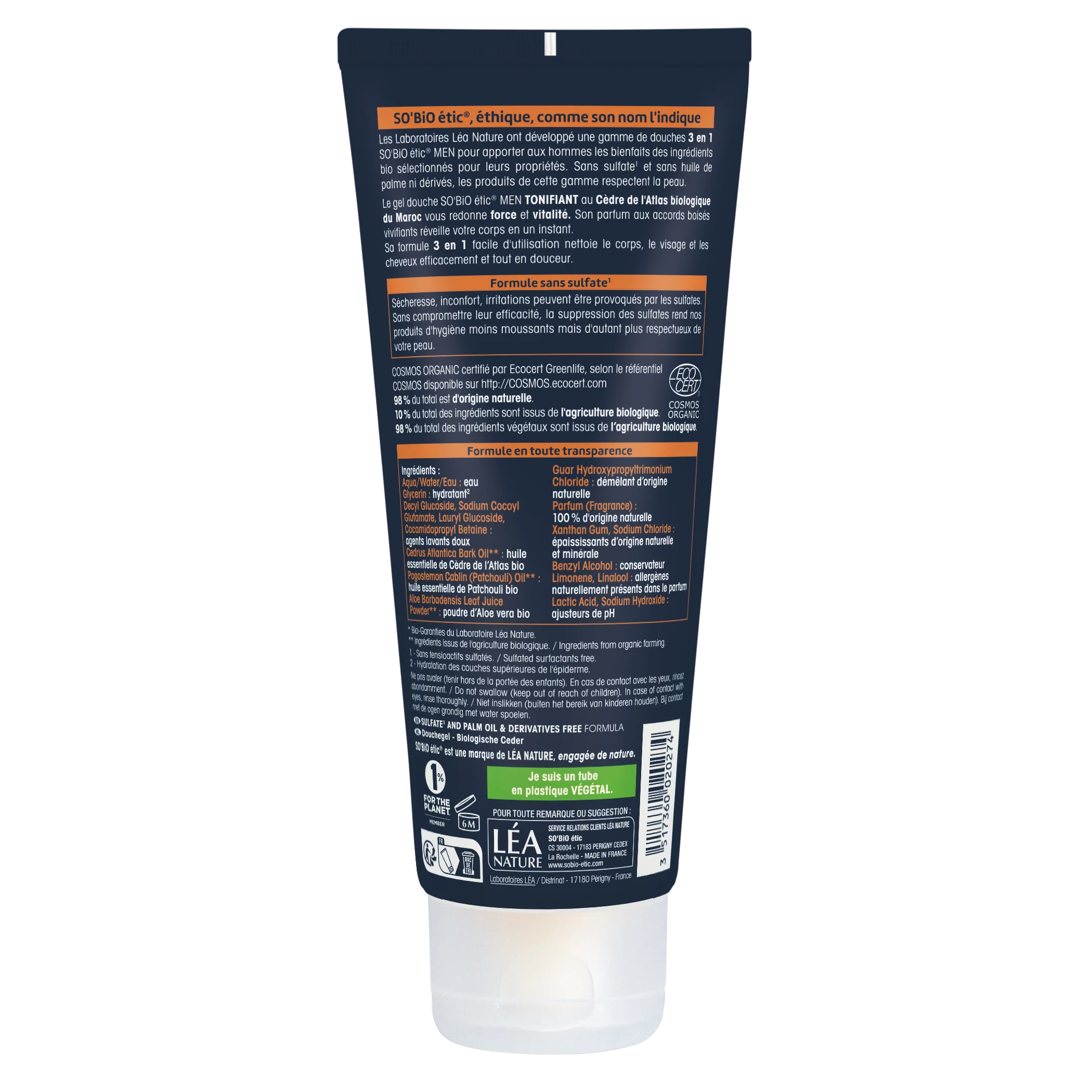 SO’BiO étic MEN 3i1 showergel – tonificerende cedertræ BIO (200 ml) – til krop, ansigt og hår