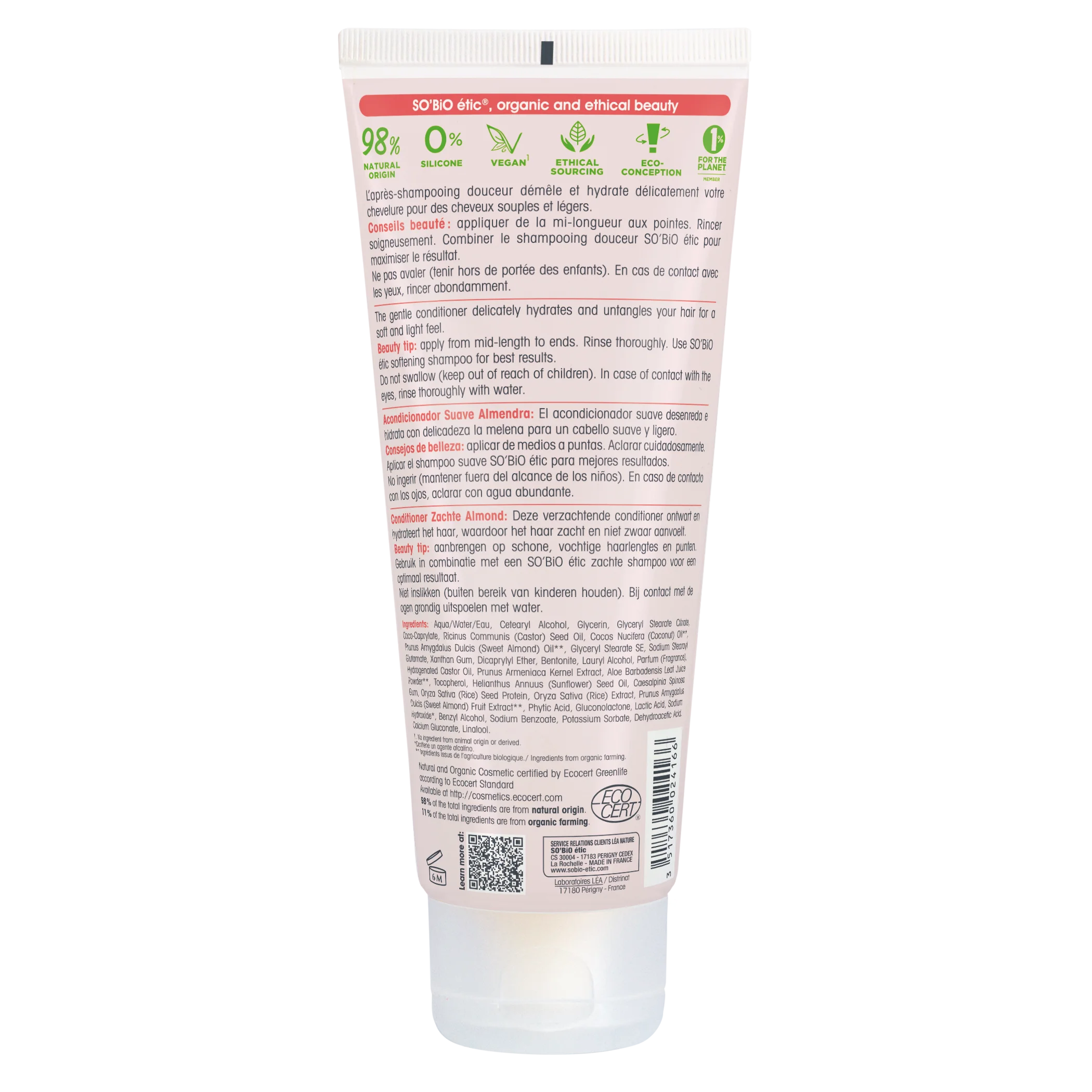 SO’BiO étic Økologisk hårbalsam med mandelmælk og risproteiner (200 ml) - til alle hårtyper