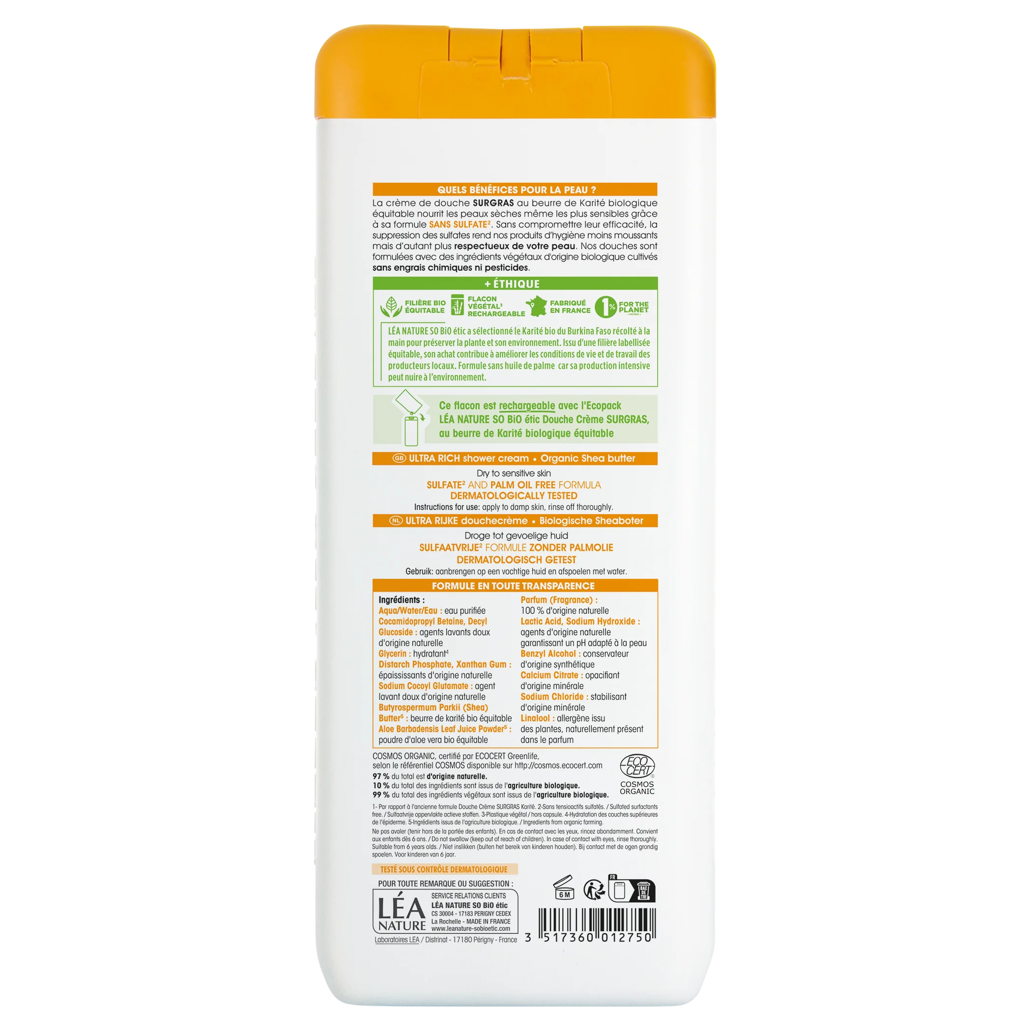 SO’BiO étic SURGRAS brusecreme med økologisk sheasmør (650 ml) - ideel til tør og sensitiv hud