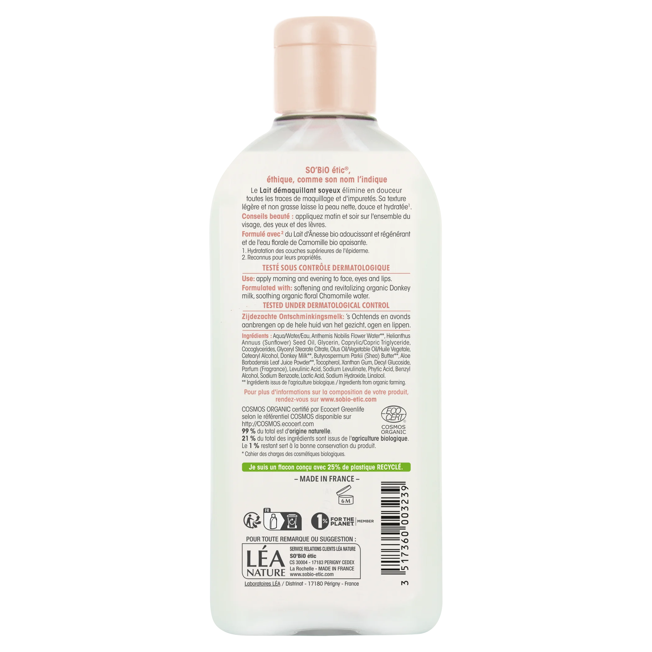 SO’BiO étic Rensemælk med økologisk æselmælk (200 ml) - fjerner skånsomt makeup og urenheder