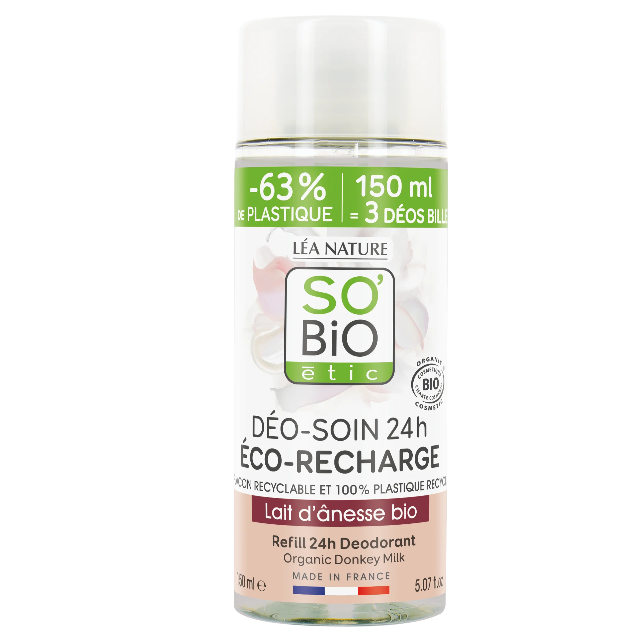 SO’BiO étic Refill til 24-timers fugtgivende roll-on-deodorant med økologisk æselmælk (150 ml) - én refill erstatter tre roll-ons
