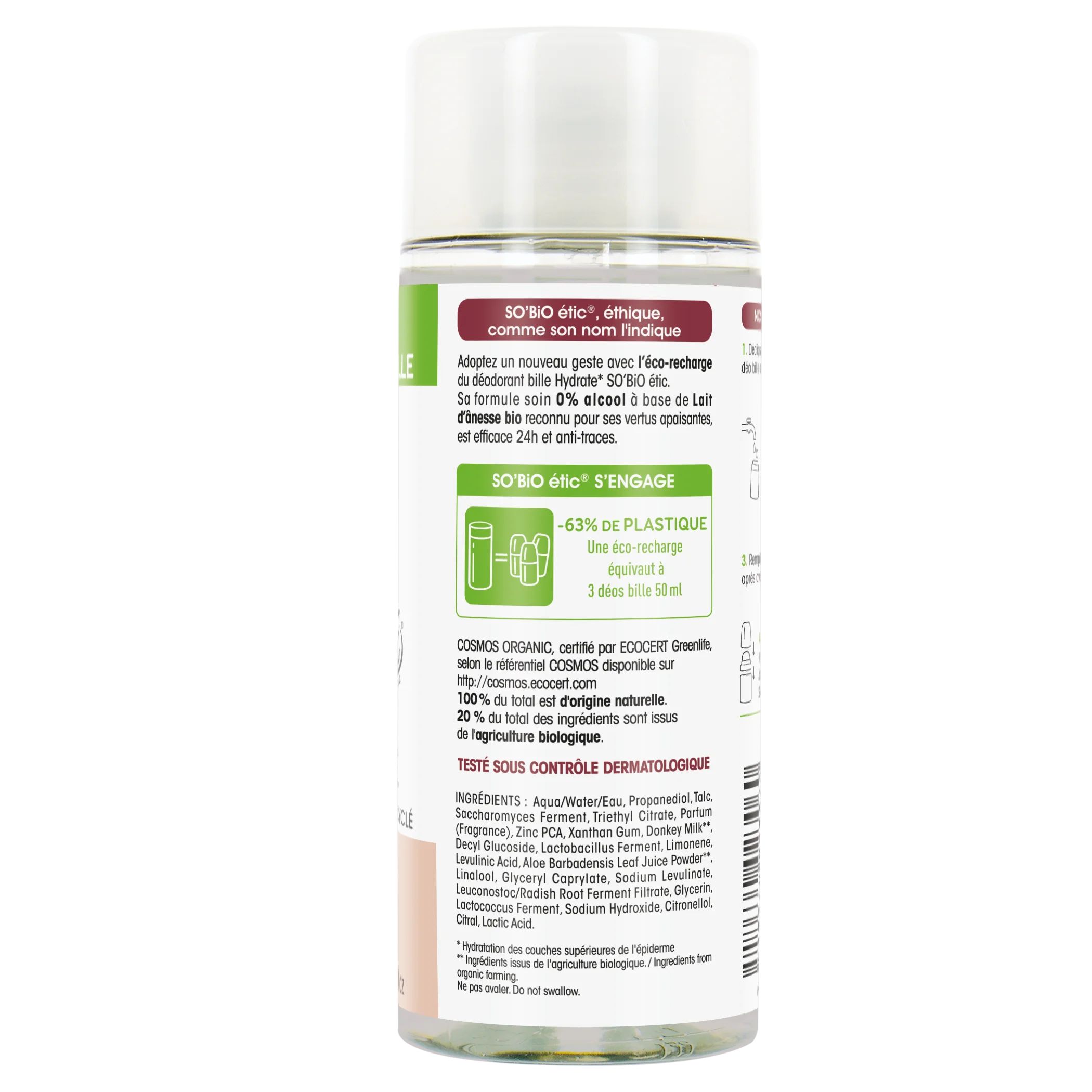 SO’BiO étic Refill til 24-timers fugtgivende roll-on-deodorant med økologisk æselmælk (150 ml) - én refill erstatter tre roll-ons