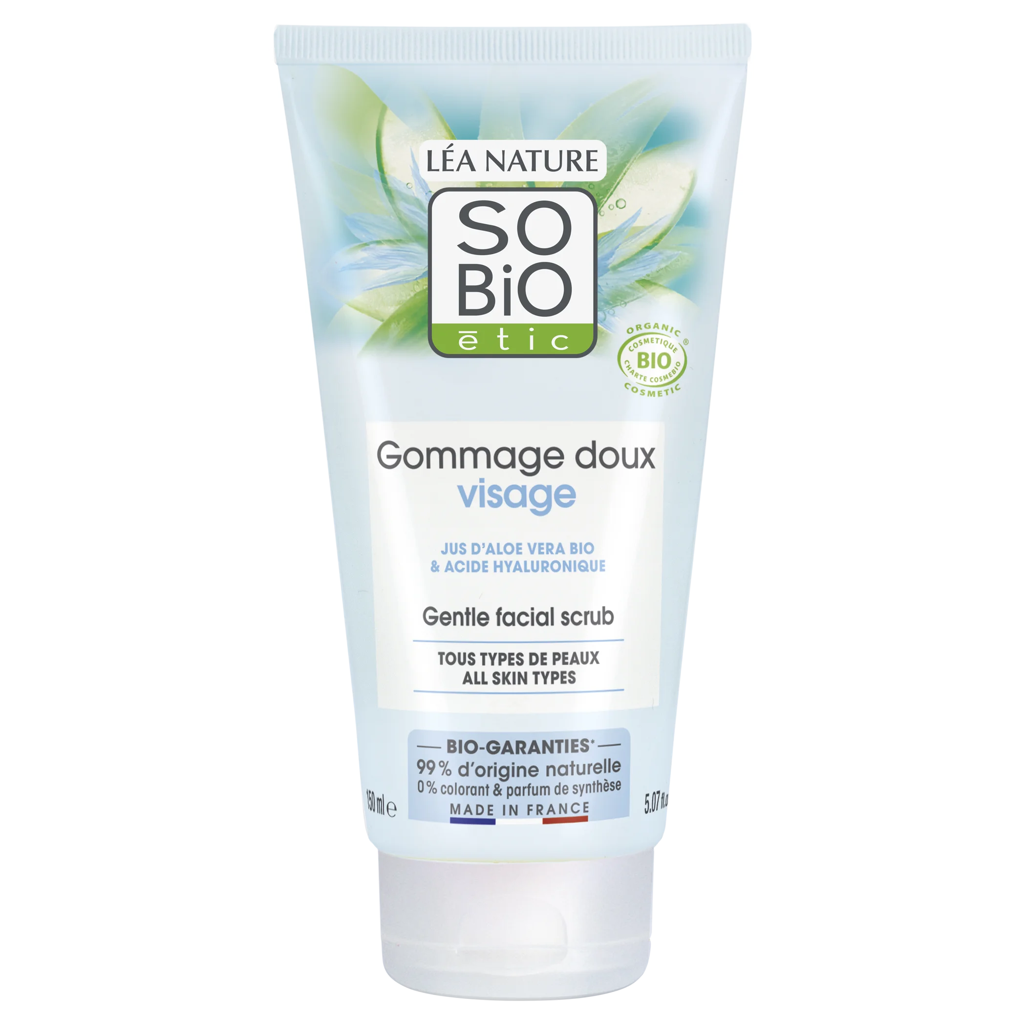 SO’BiO étic Skånsom peeling til hyppig brug, Aloe vera, fugtgivende, økologisk (150 ml) - med hyaluronsyre
