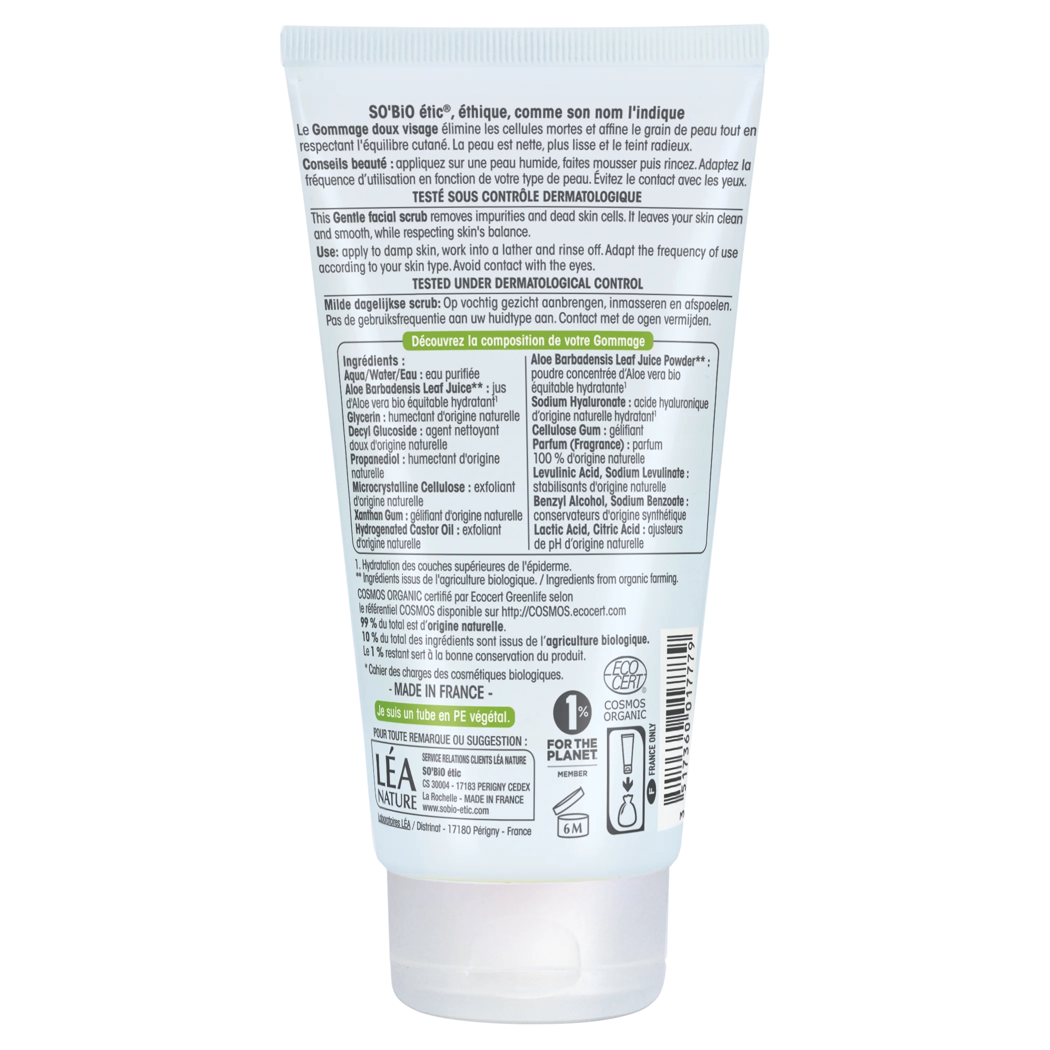 SO’BiO étic Skånsom peeling til hyppig brug, Aloe vera, fugtgivende, økologisk (150 ml) - med hyaluronsyre