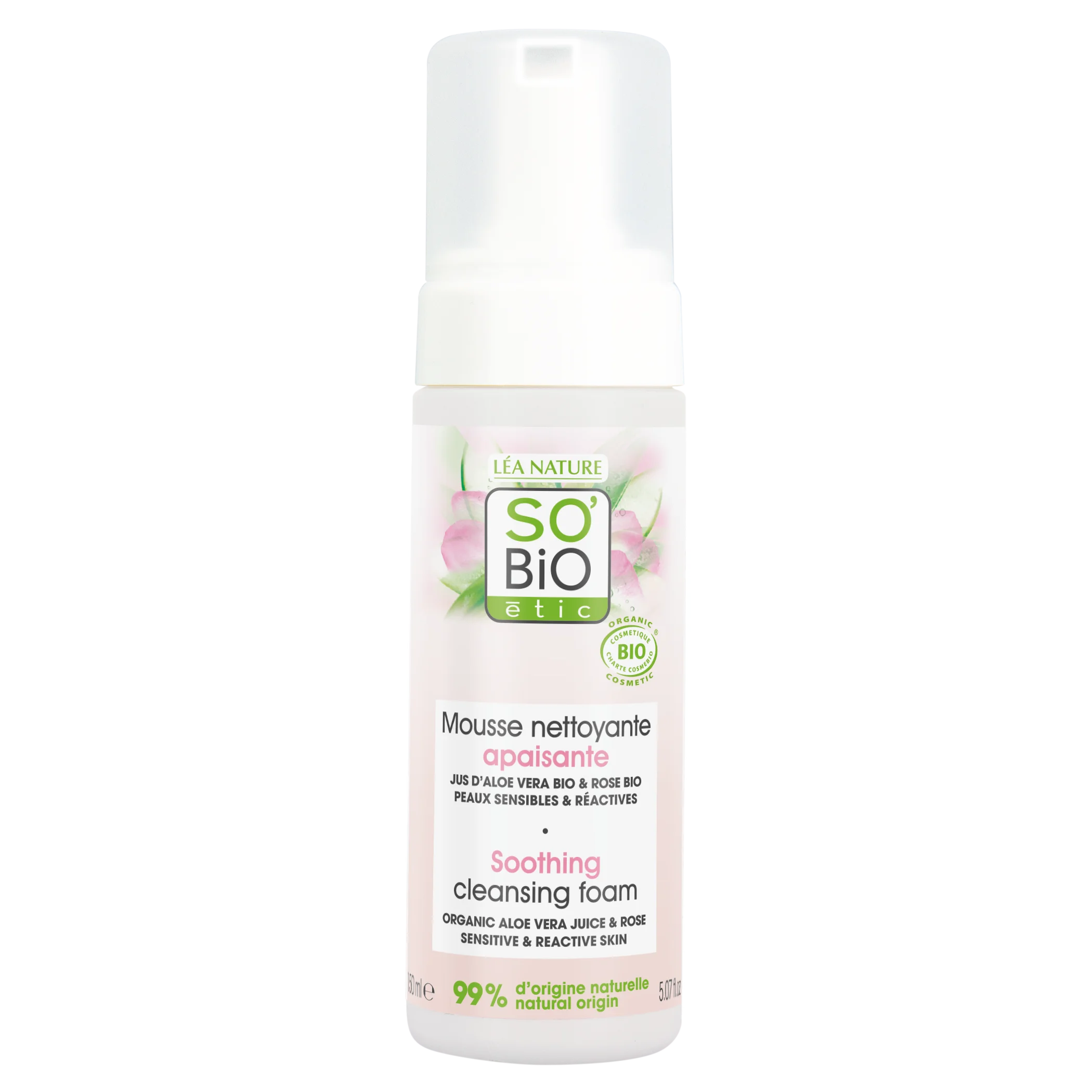 SO’BiO étic Beroligende renseskum Aloe Vera ØKO (150 ml) - beriget med rosenvand