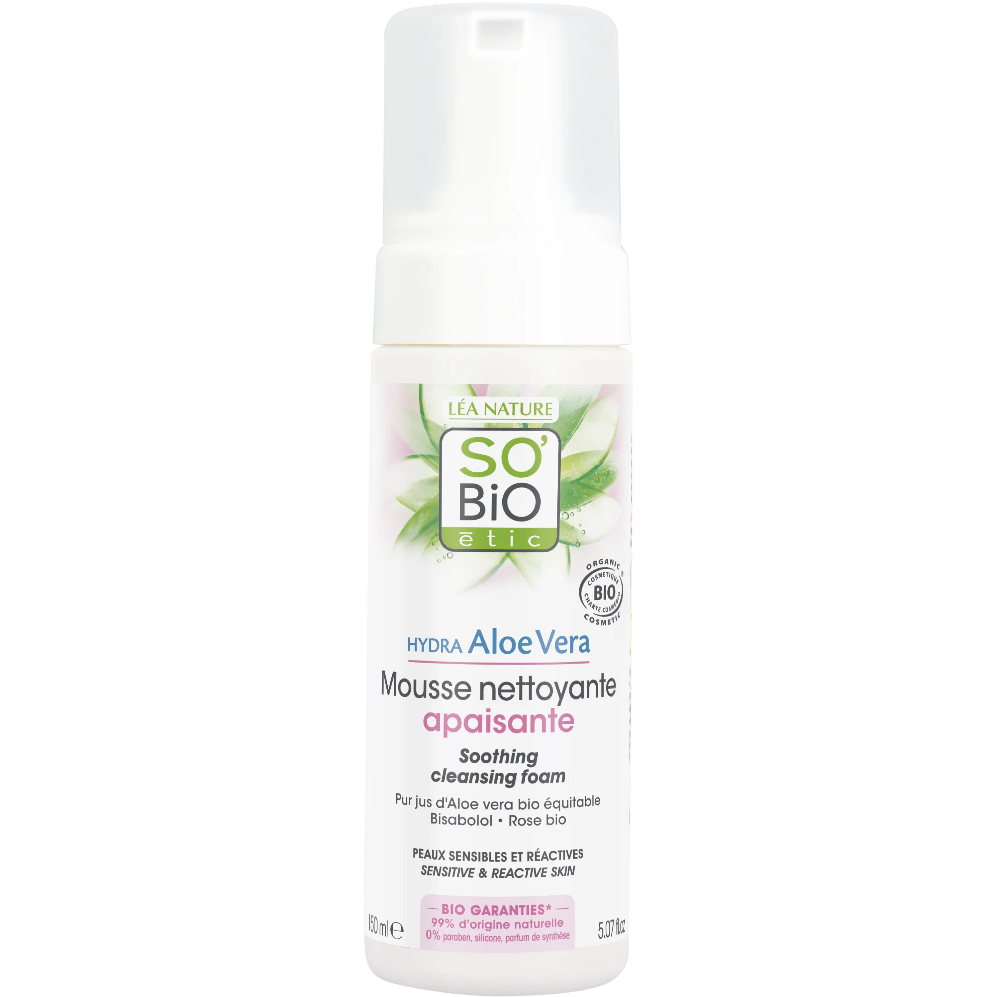 SO’BiO étic Beroligende renseskum Aloe Vera ØKO (150 ml) - beriget med rosenvand