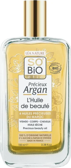 SO’BiO étic Précieux Argan Plejende olie til krop, ansigt og hår ØKO (100 ml) - ungdommens og skønhedens eliksir