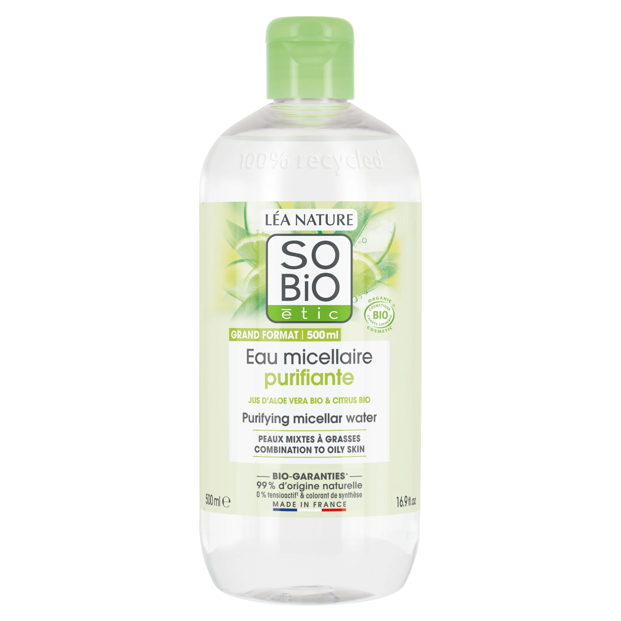 SO’BiO étic Rensende micellarvand Aloe Vera – zink og citrus BIO (500 ml) – ideel til kombineret og fedtet hud