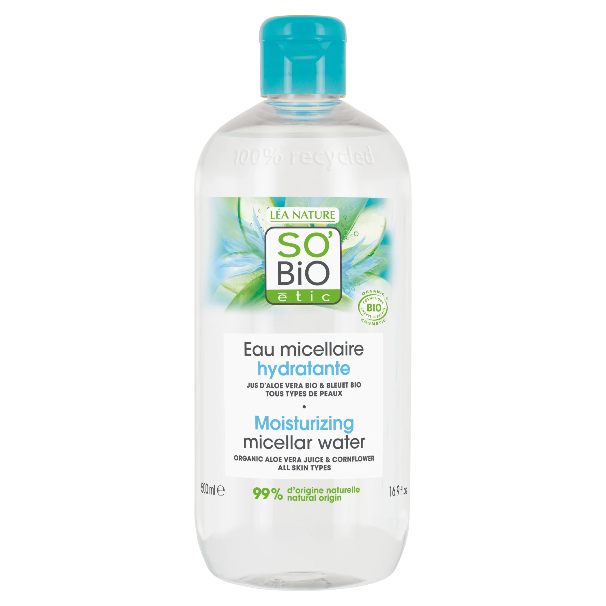 SO’BiO étic Fugtgivende micellarvand med Aloe vera BIO (500 ml) - beriget med kornblomstervand