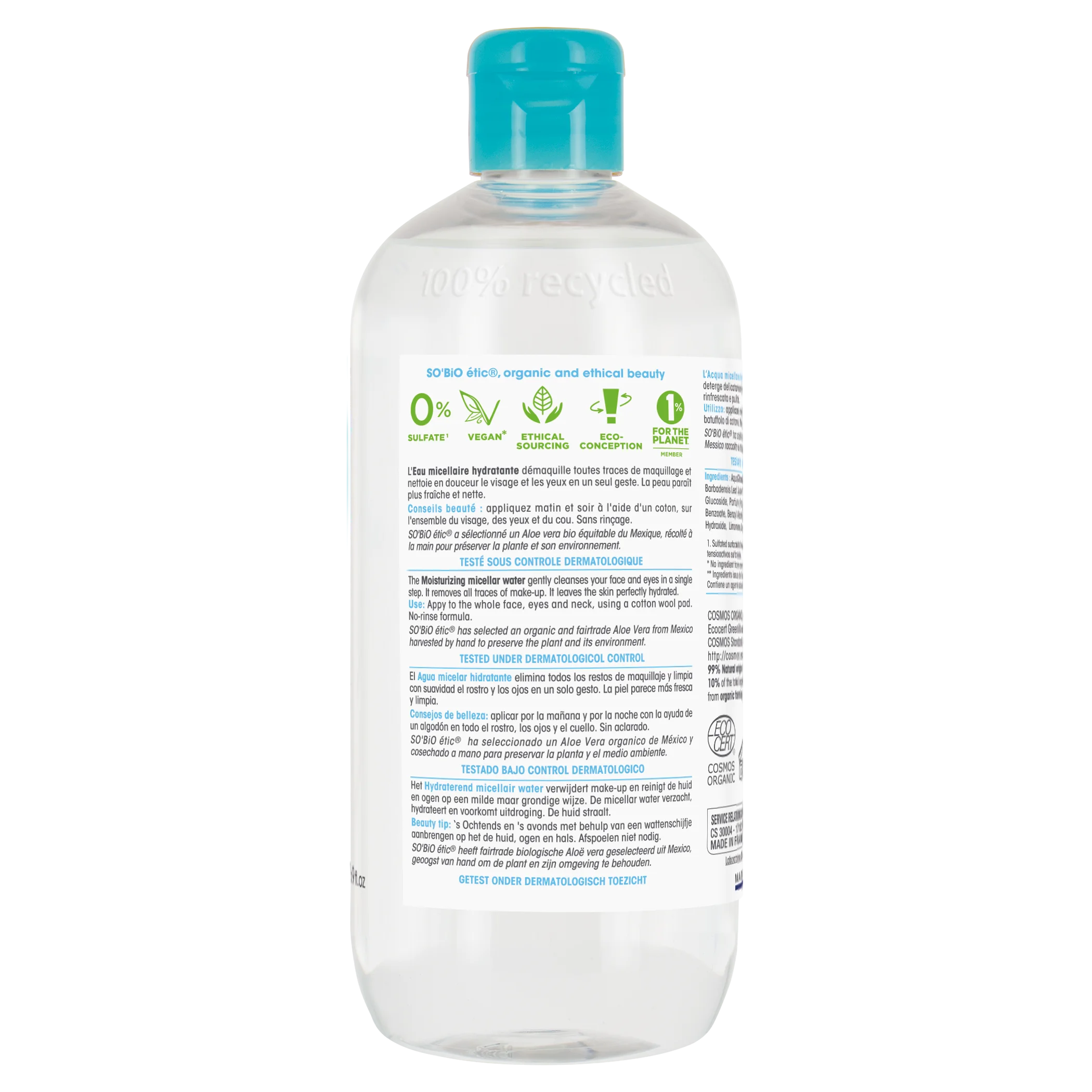 SO’BiO étic Fugtgivende micellarvand med Aloe vera BIO (500 ml) - beriget med kornblomstervand