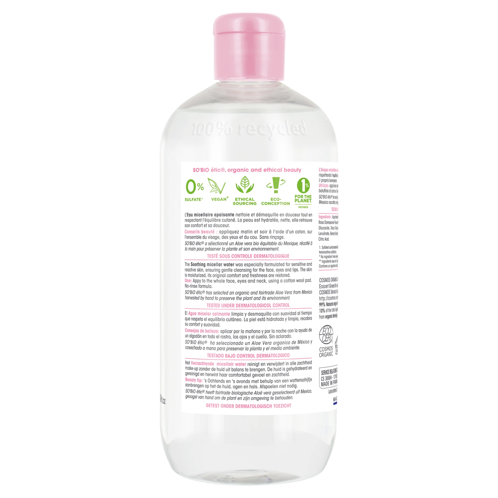 SO’BiO étic Beroligende BIO micellarvand med Aloe Vera (500 ml) - beriget med kamillevand