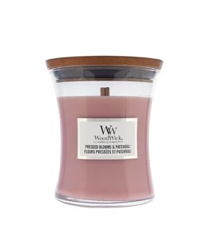 WoodWick Pressed Blooms & Patchouli duftlys med trævæge 275 g