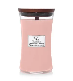 WoodWick Pressed Blooms & Patchouli duftlys med trævæge til mænd