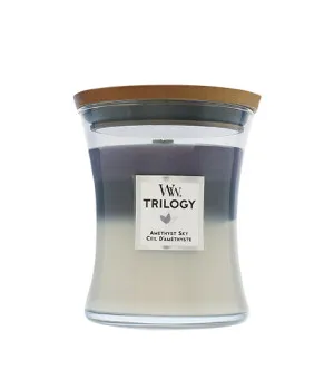 WoodWick Trilogy Amethyst Sky duftlys med trævæge 275 g