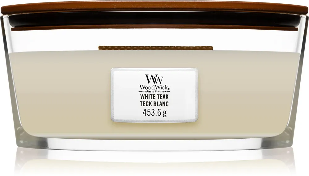 White Teak duftlys med trævæge 453,6 g