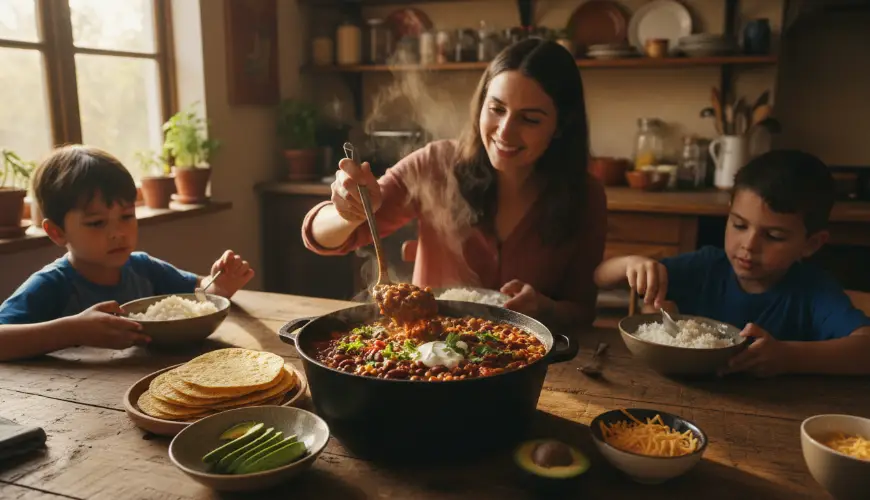 Vegetarisk chili-gryde med bønner, der mætter hele familien