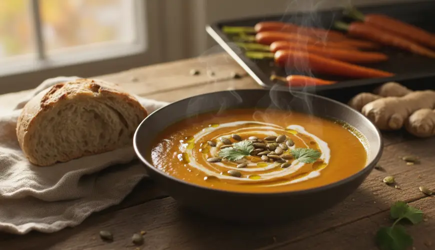 Hedvábně cremet suppe af bagt gulerod og ingefær uden fløde