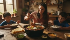 Vegetarisk chili-gryde med bønner, der mætter hele familien