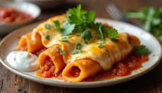 Forberedelse af enchiladas med hjemmelavet sauce for en smag som i Mexico