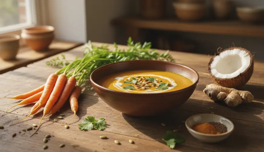 Prøv flødesuppe af bagt gulerod og ingefær med kokosmælk